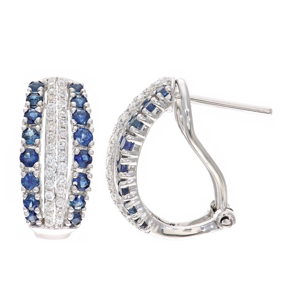 Round Natural Blue Sapphire and Diamond Small Hoop Earrings