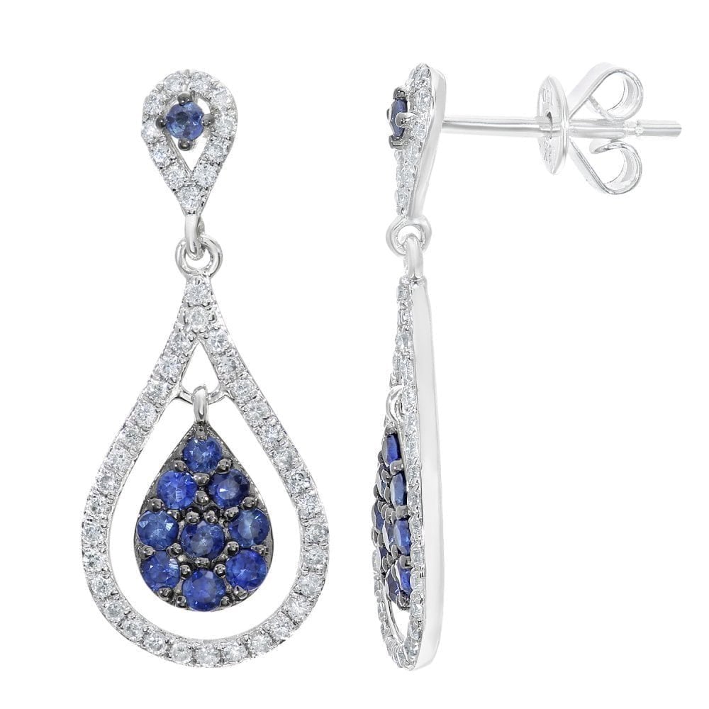 Round Natural Blue Sapphire and Diamond Drop Earrings in 18ct White Gold