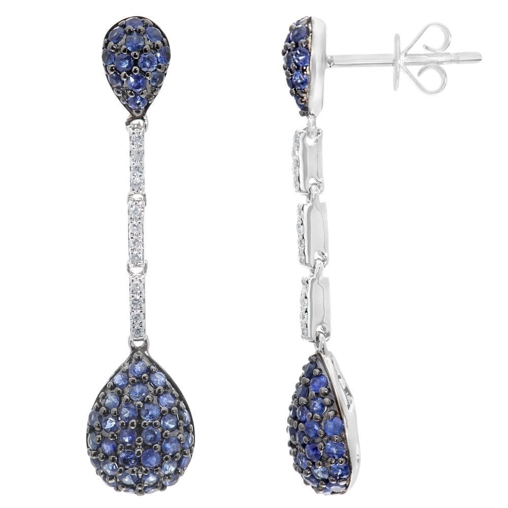 1.2 Ct Round Natural Blue Sapphire and Diamond Elongated Drop Earrings in 18ct White Gold