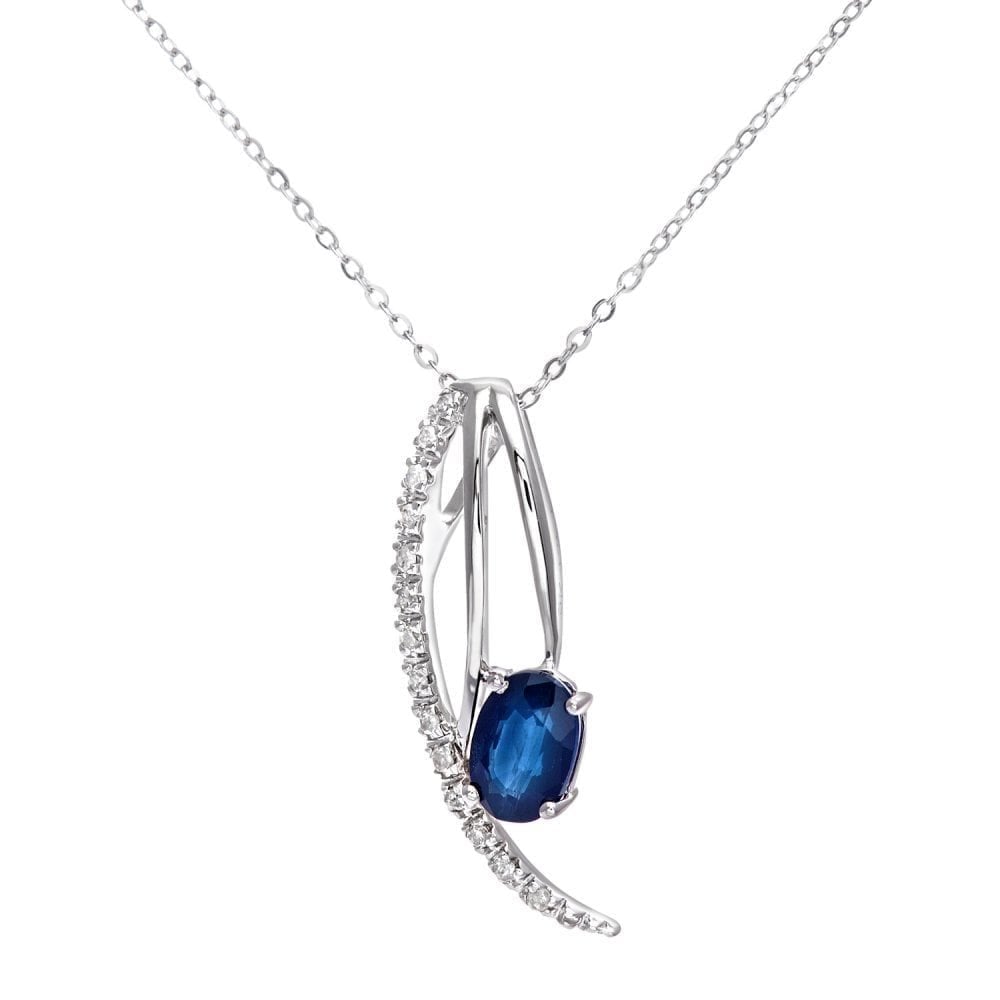 0.67 Ct Oval Natural Blue Sapphire and Diamond Necklace with Chain in 9ct White Gold Size 18 Inches