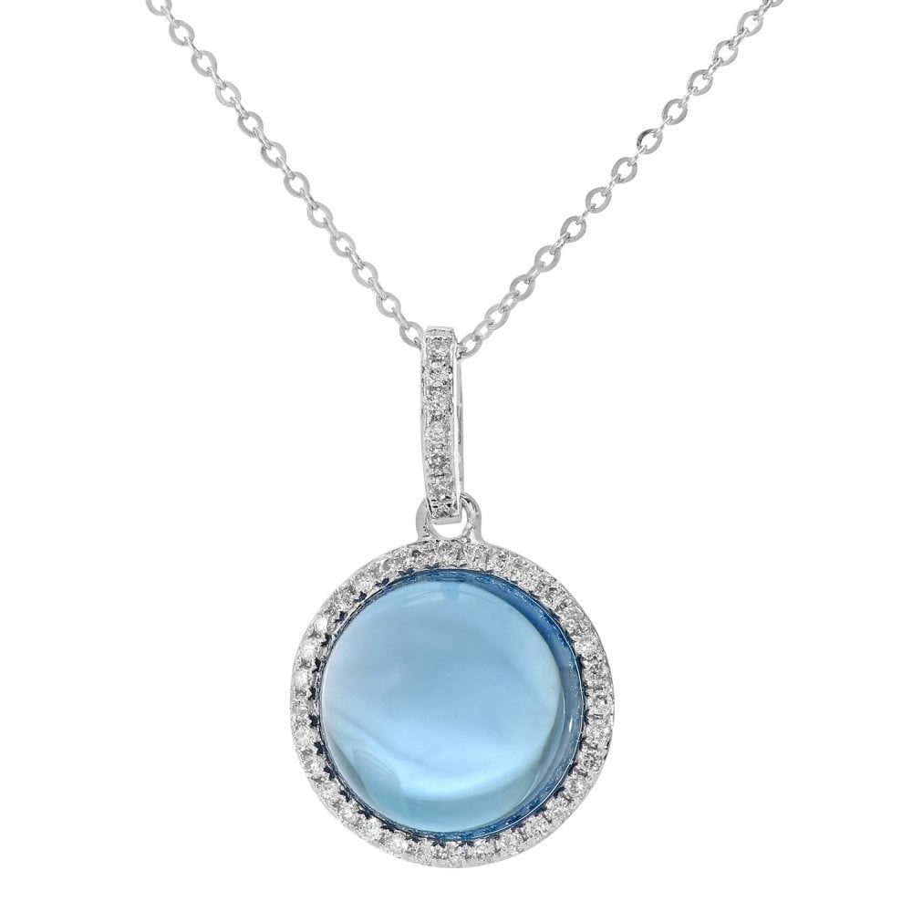 London Blue Topaz Halo Necklace in 9ct White Gold