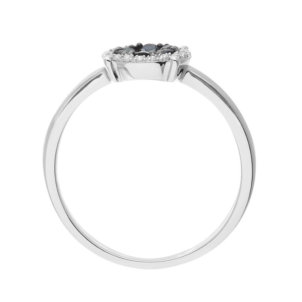 Round Natural Blue Sapphire and Diamond Disc Cluster Ring in 9ct White Gold