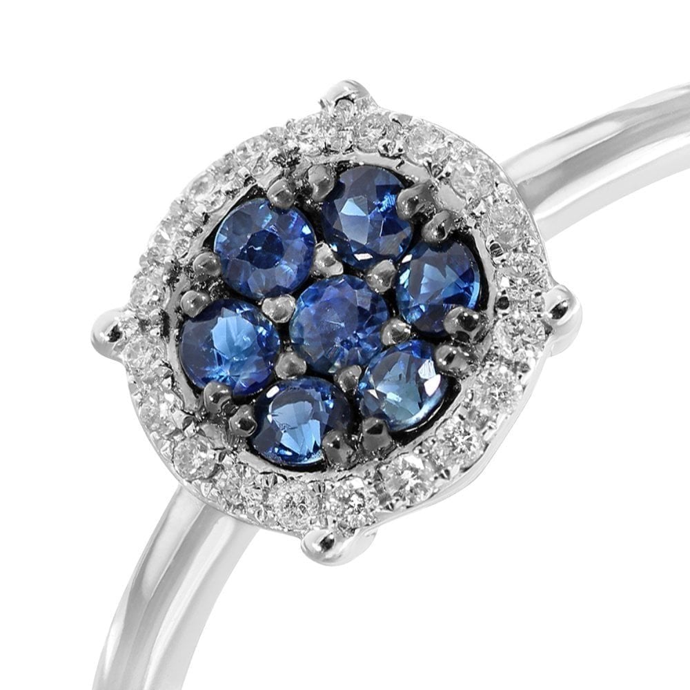 Round Natural Blue Sapphire and Diamond Disc Cluster Ring in 9ct White Gold