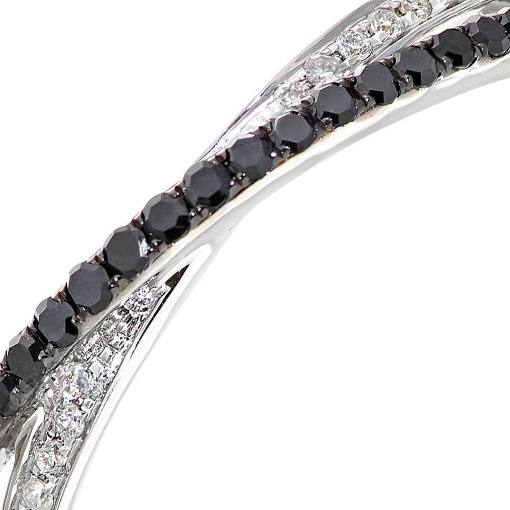 9ct White Gold 0.20 Carat Natural Black and White Diamond Criss Cross Band Ring, I1 H-I