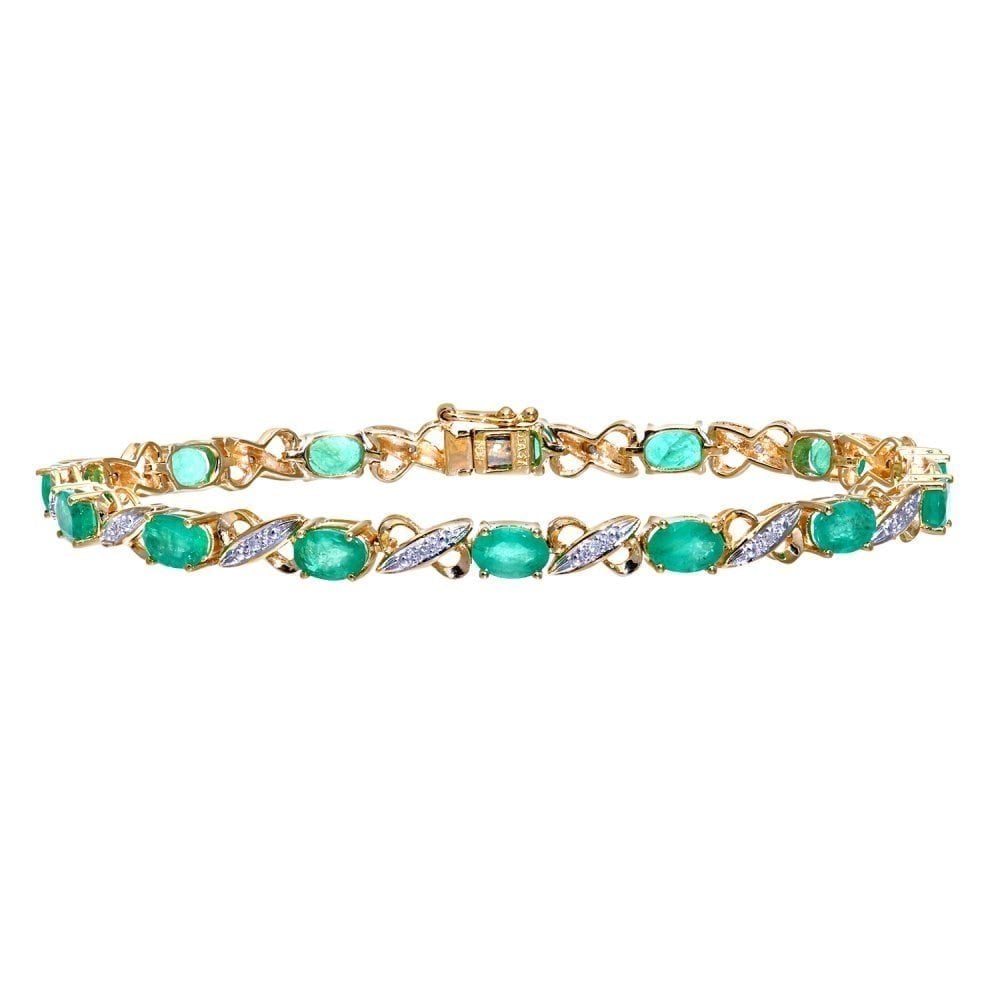 9ct Yellow Gold Oval Emerald and 0.07ct Diamond Bracelet