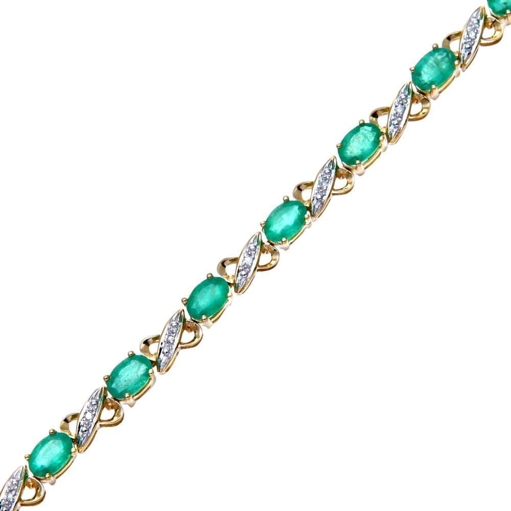 9ct Yellow Gold Oval Emerald and 0.07ct Diamond Bracelet
