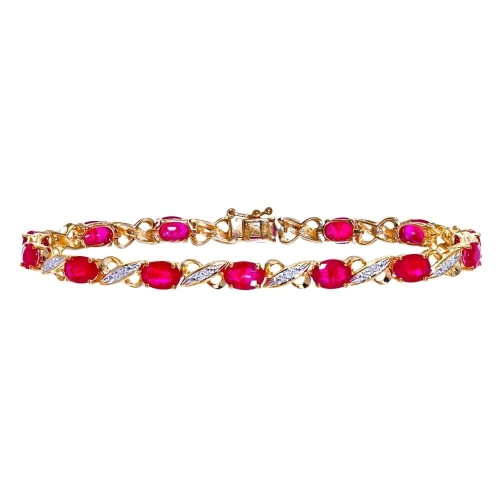 9ct Yellow Gold Oval Ruby and 0.07ct Diamond Bracelet