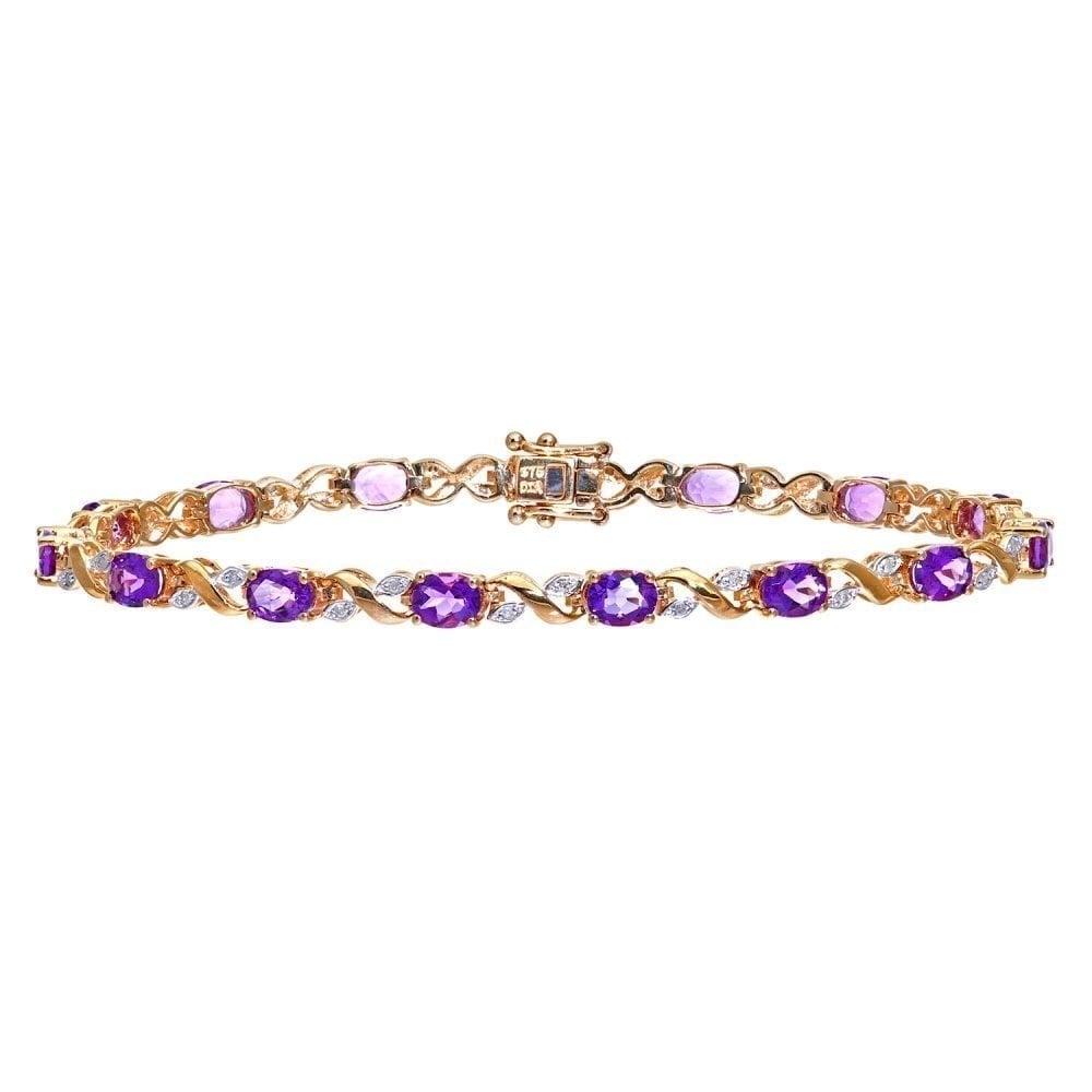 9ct Yellow Gold Oval Amethyst and 0.13ct Diamond Bracelet