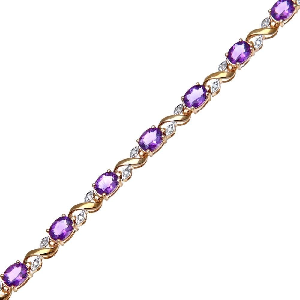 9ct Yellow Gold Oval Amethyst and 0.13ct Diamond Bracelet
