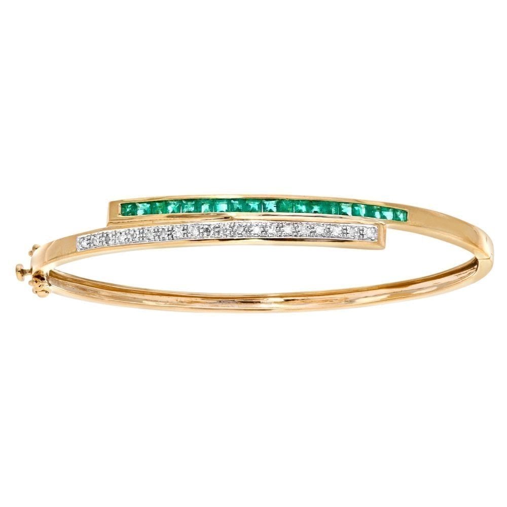 9ct Yellow Gold Square Emerald and 0.10ct Diamond Crossover Bangle