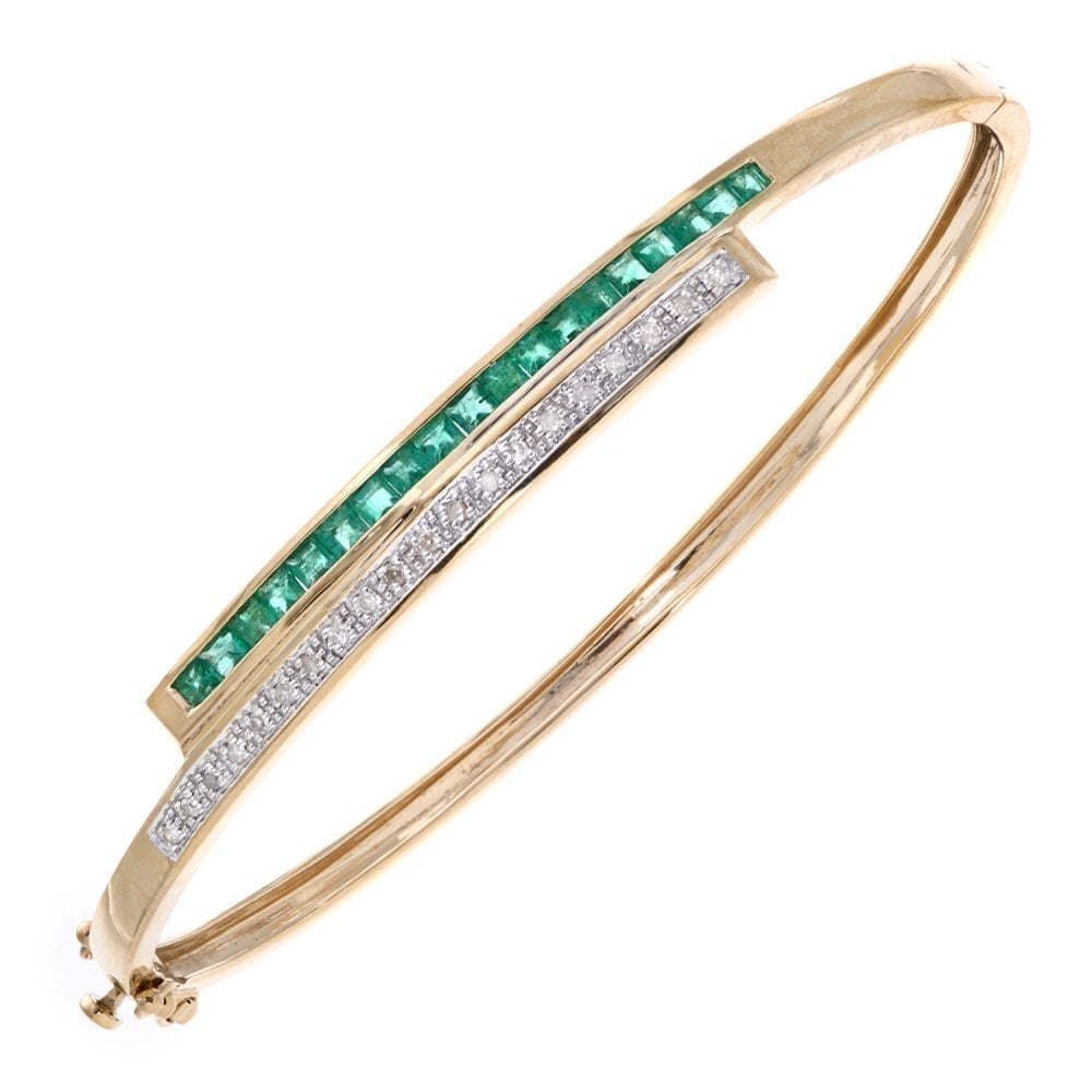 9ct Yellow Gold Square Emerald and 0.10ct Diamond Crossover Bangle