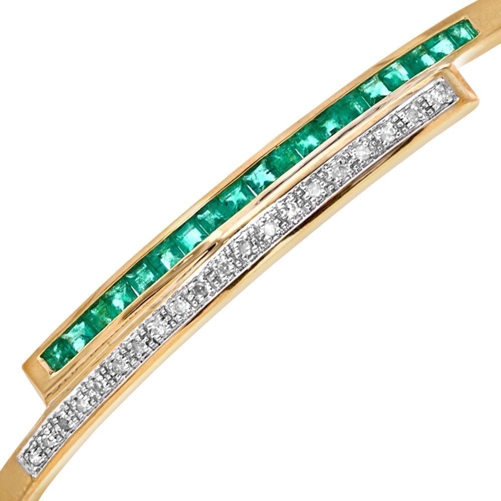 9ct Yellow Gold Square Emerald and 0.10ct Diamond Crossover Bangle