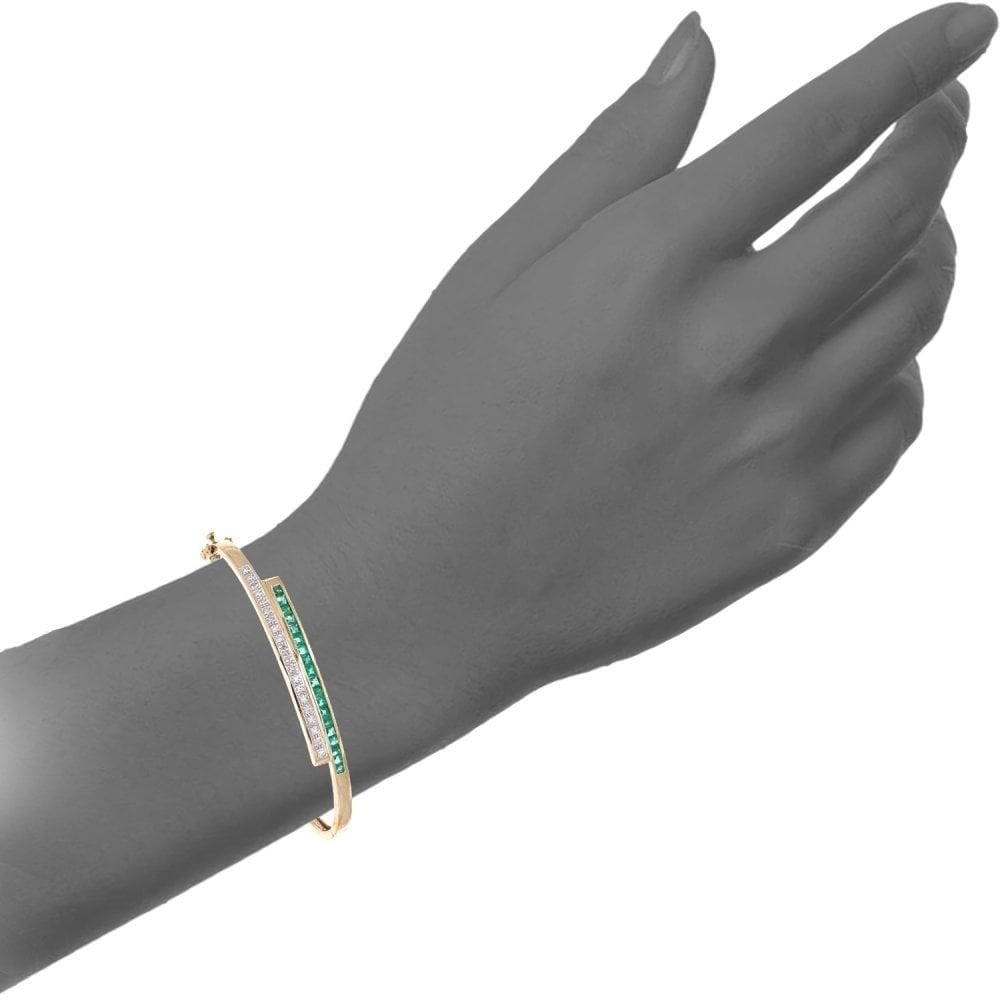9ct Yellow Gold Square Emerald and 0.10ct Diamond Crossover Bangle