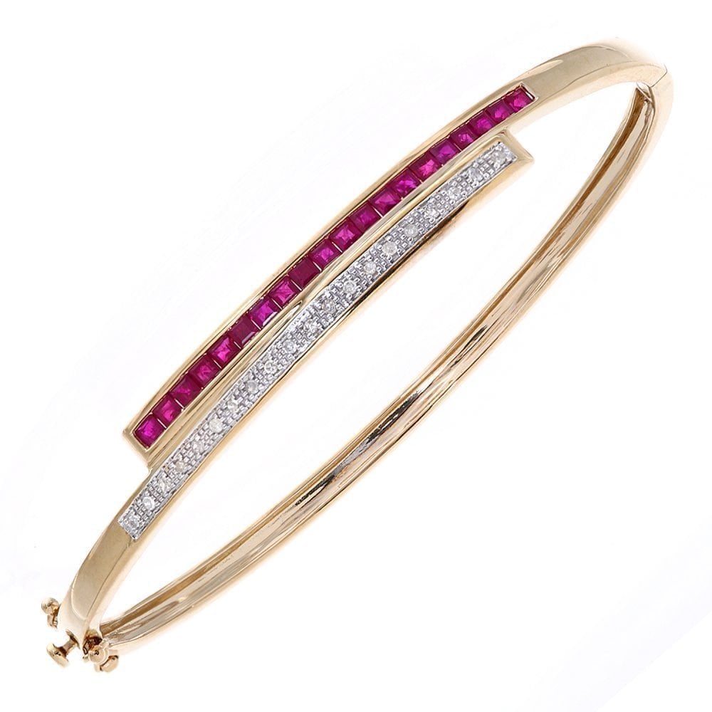 9ct Yellow Gold Square Ruby and 0.10ct Diamond Crossover Bangle