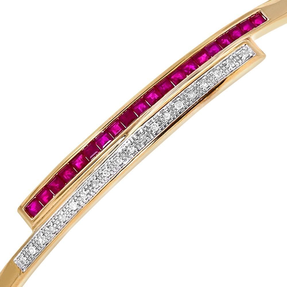 9ct Yellow Gold Square Ruby & 0.10ct Diamond Crossover Bangle