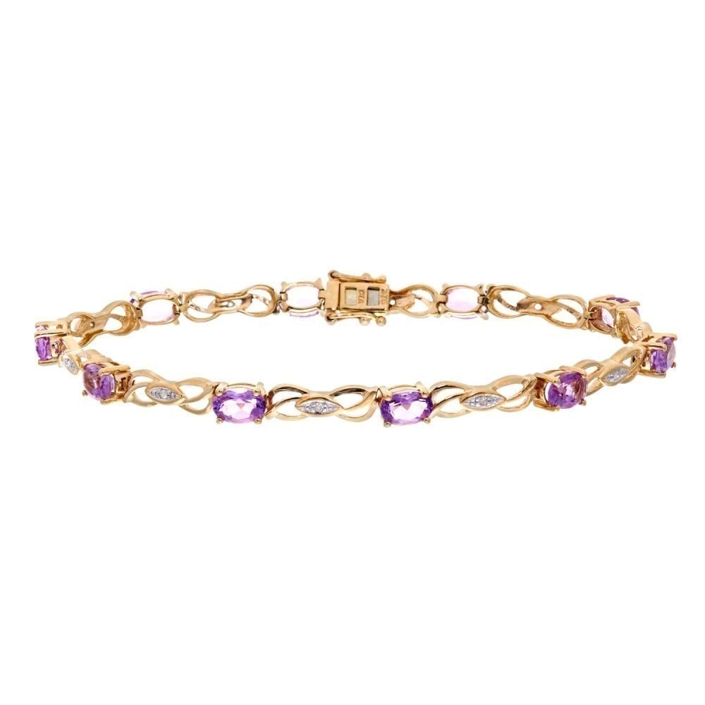 9ct Yellow Gold Oval Amethyst and 0.05ct Diamond Bracelet