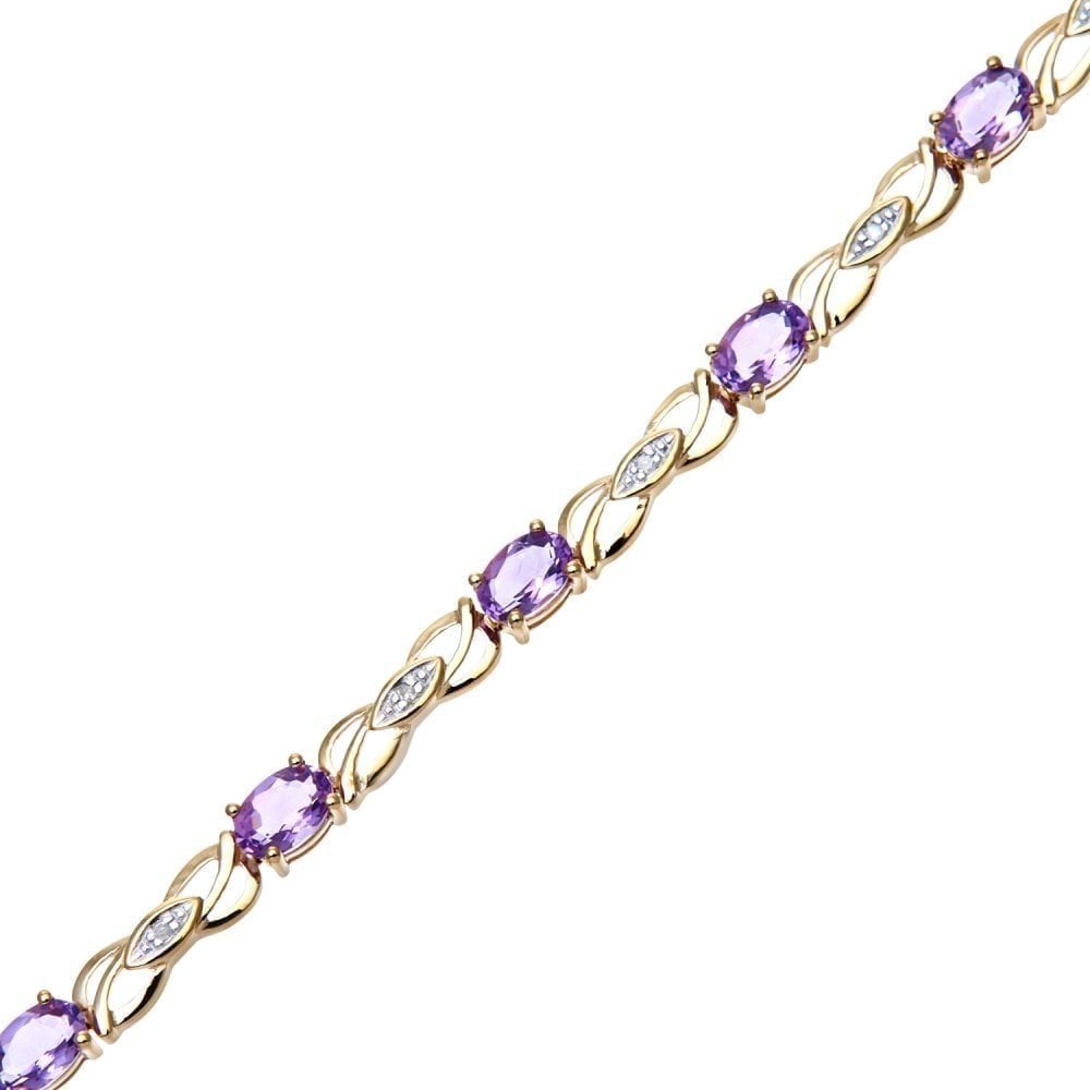 9ct Yellow Gold Oval Amethyst and 0.05ct Diamond Bracelet