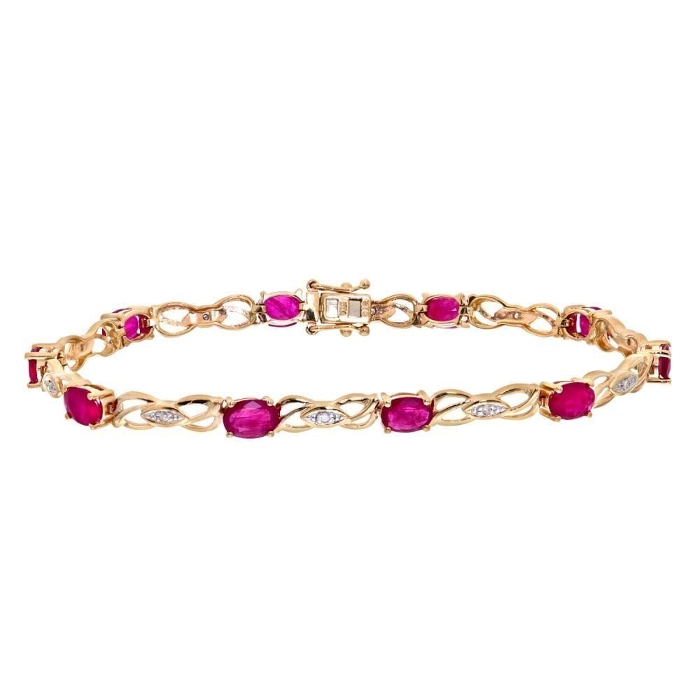 9ct Yellow Gold Oval Ruby and 0.05ct Diamond Bracelet