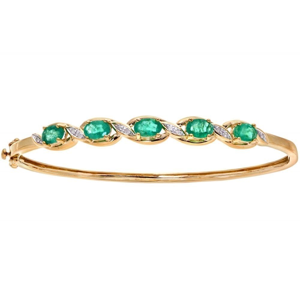9ct Yellow Gold Oval Emerald and 0.05ct Diamond Bangle