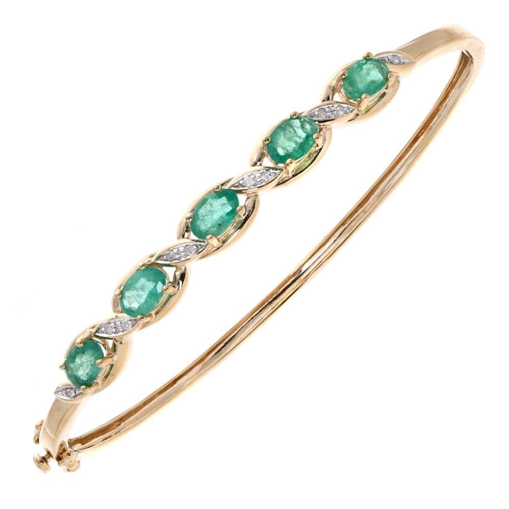 9ct Yellow Gold Oval Emerald and 0.05ct Diamond Bangle