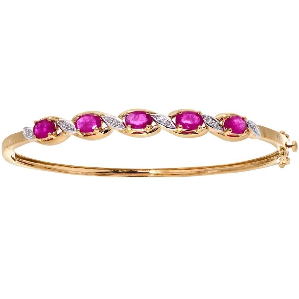 9ct Yellow Gold Oval Ruby and 0.05ct Diamond Bangle