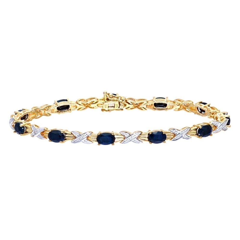 Oval Natural Black Sapphire and Diamond Cris Cross Bracelet in 9ct Yellow Gold
