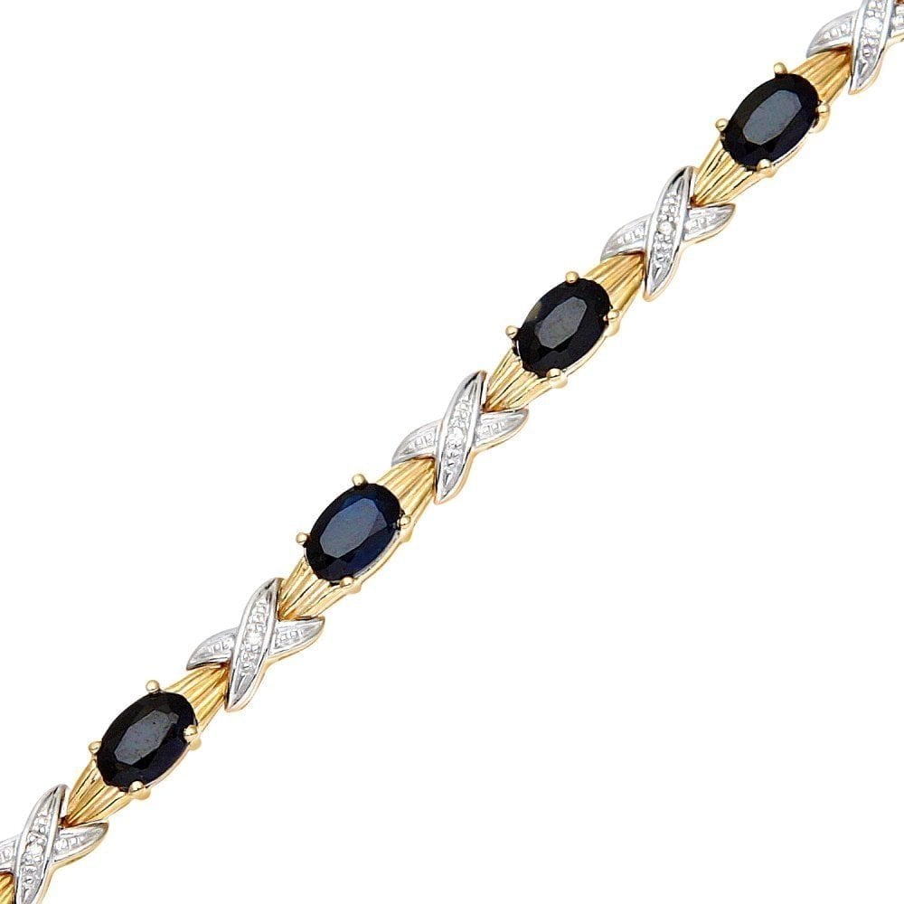 Oval Natural Black Sapphire and Diamond Cris Cross Bracelet in 9ct Yellow Gold