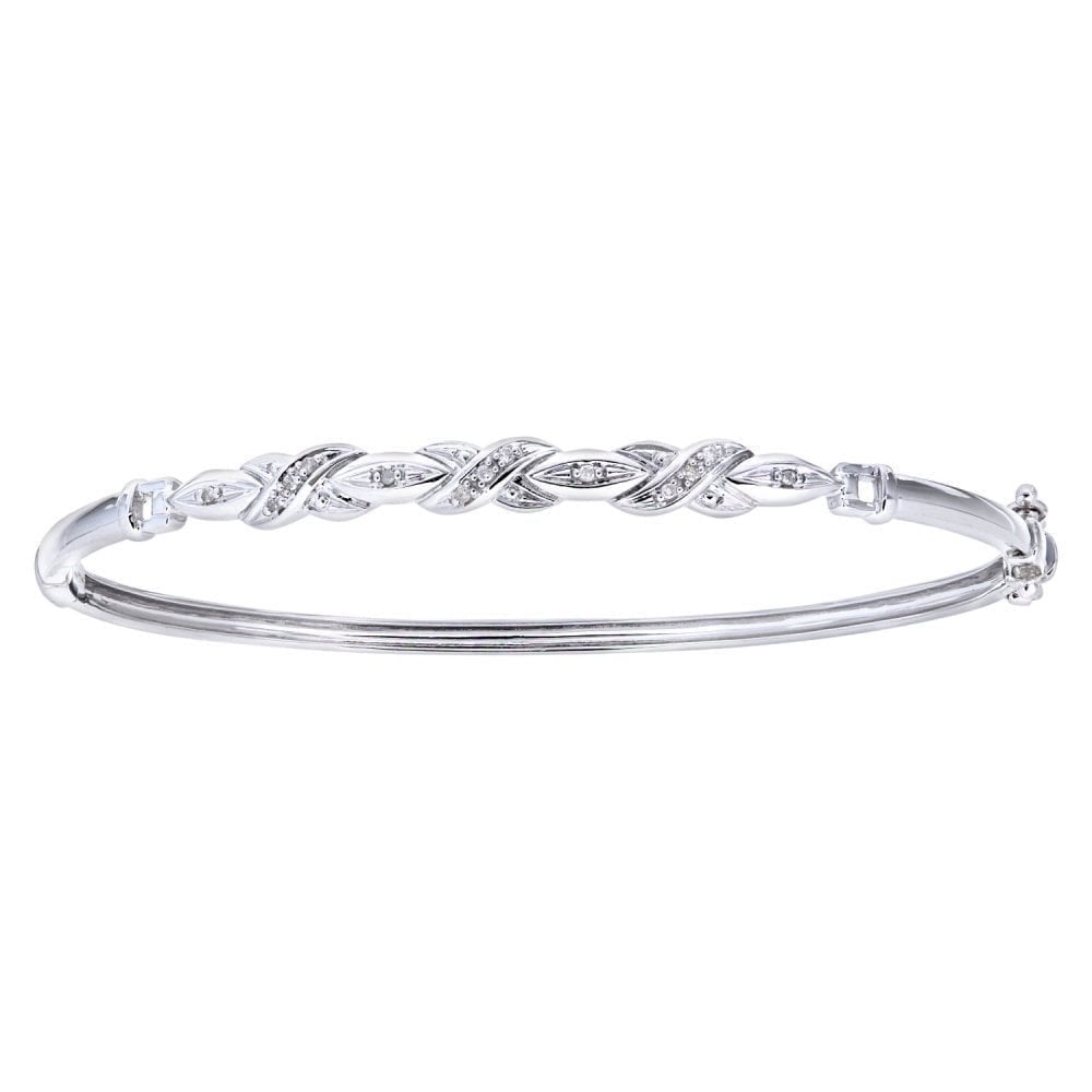 9ct White Gold 0.06 Carat Natural Diamond Criss Cross Hinged Bangle