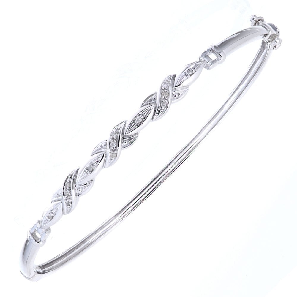 9ct White Gold 0.06 Carat Natural Diamond Criss Cross Hinged Bangle