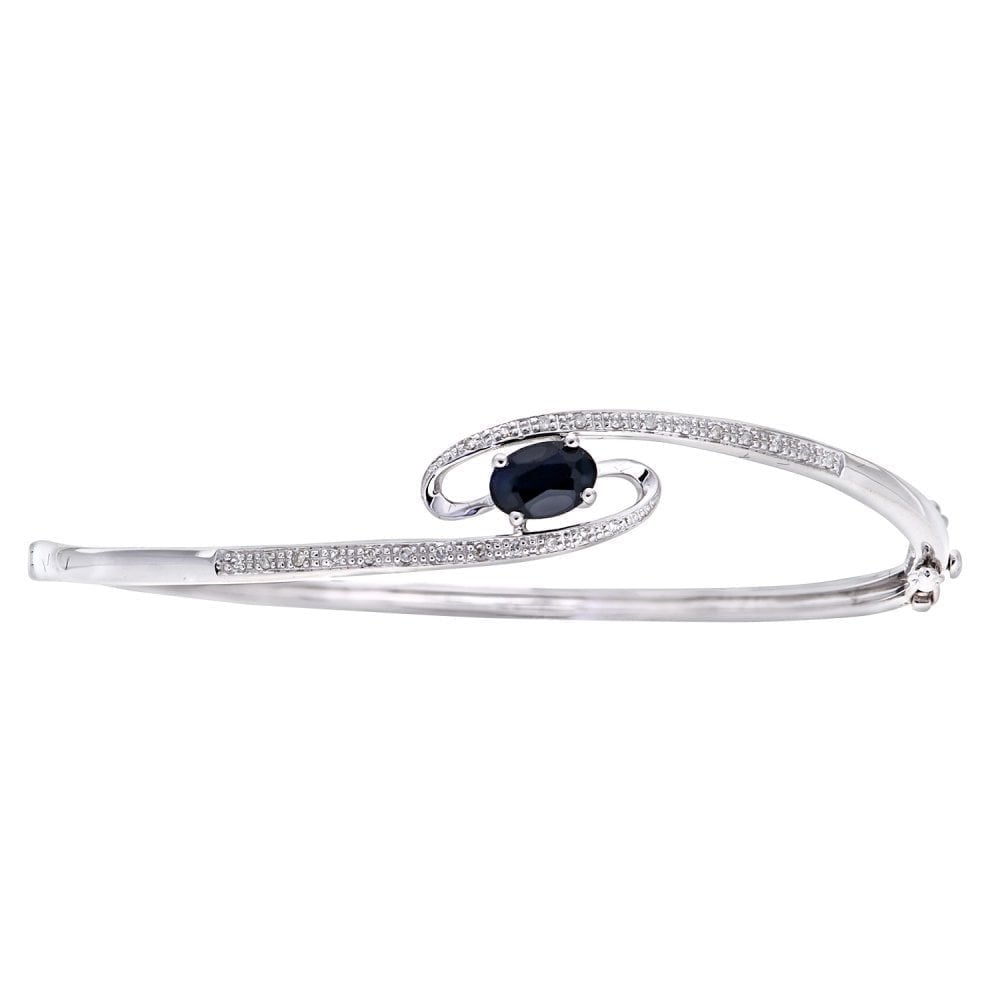 Oval Solitaire Natural Black Sapphire and Diamond Swirl Bangle in 9ct White Gold