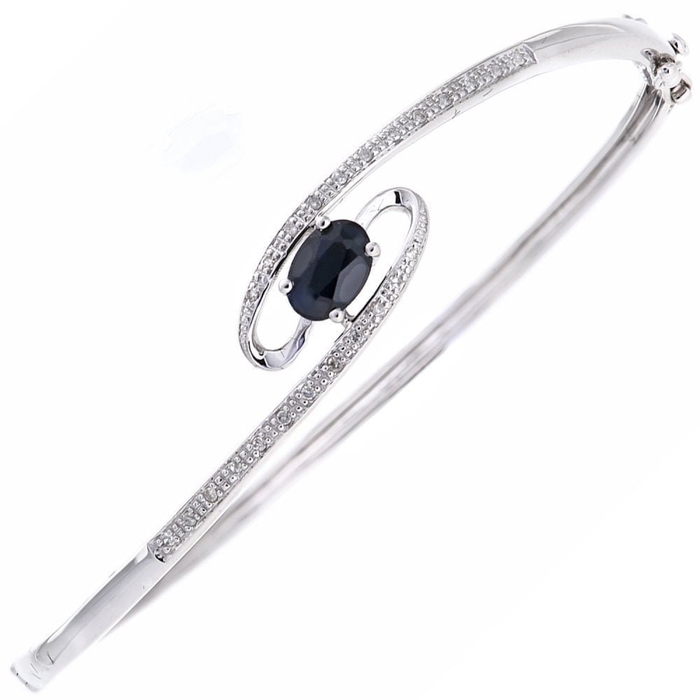 Oval Solitaire Natural Black Sapphire and Diamond Swirl Bangle in 9ct White Gold