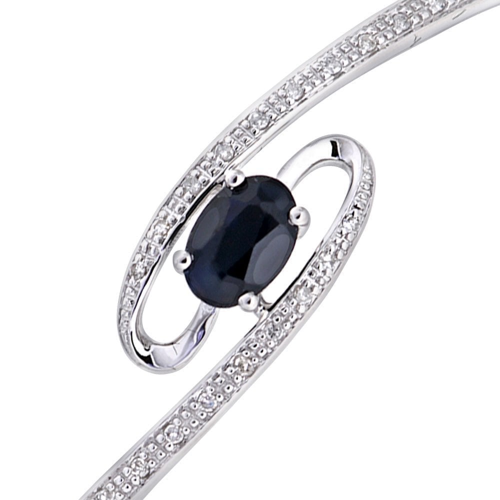 Oval Solitaire Natural Black Sapphire and Diamond Swirl Bangle in 9ct White Gold