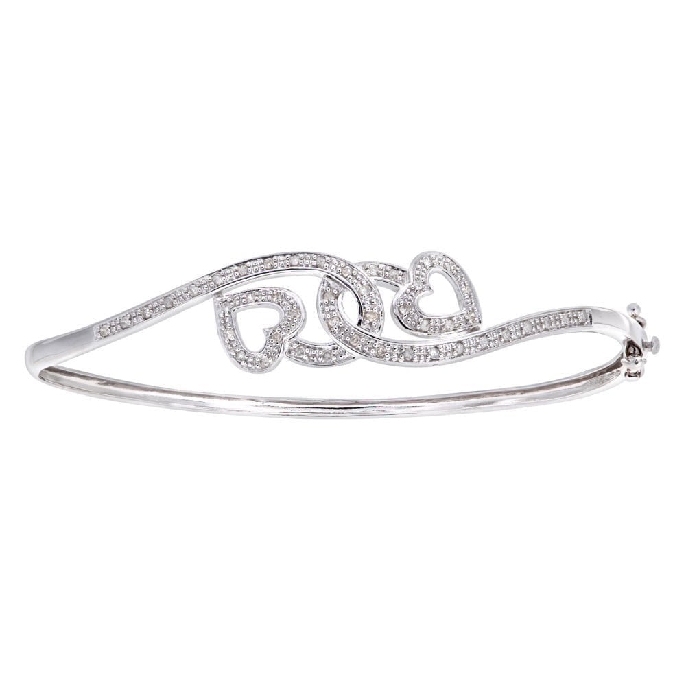 9ct White Gold 0.25 Carat Natural Diamond Entwined Hearts Hinged Bangle