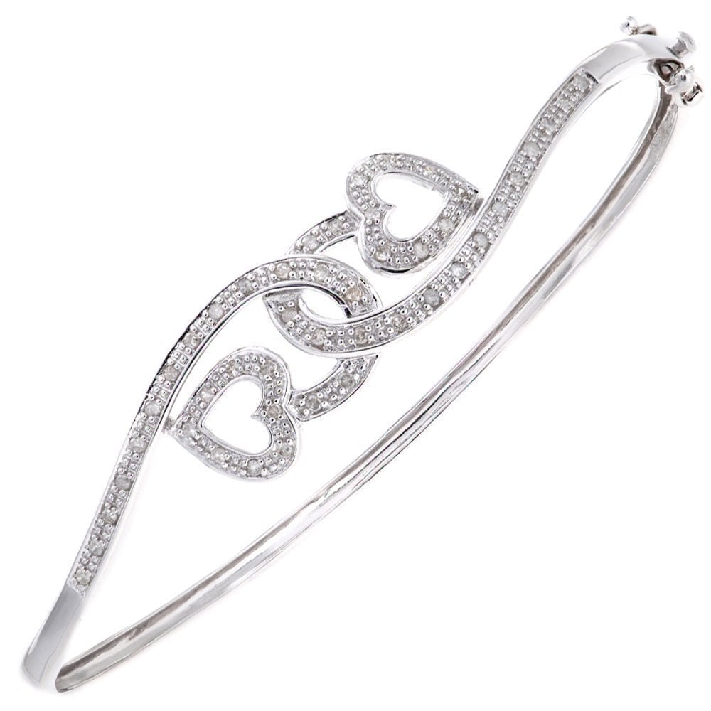 9ct White Gold 0.25 Carat Natural Diamond Entwined Hearts Hinged Bangle