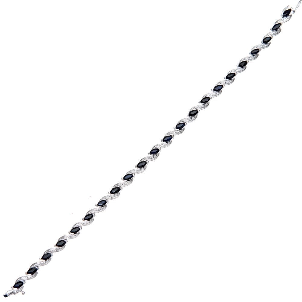 Marquise Natural Black Sapphire and Diamond Tennis Bracelet in 9ct White Gold