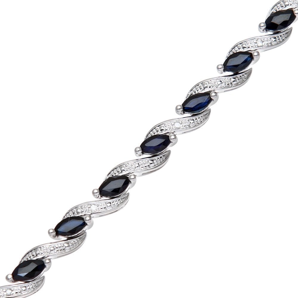 Marquise Natural Black Sapphire and Diamond Tennis Bracelet in 9ct White Gold