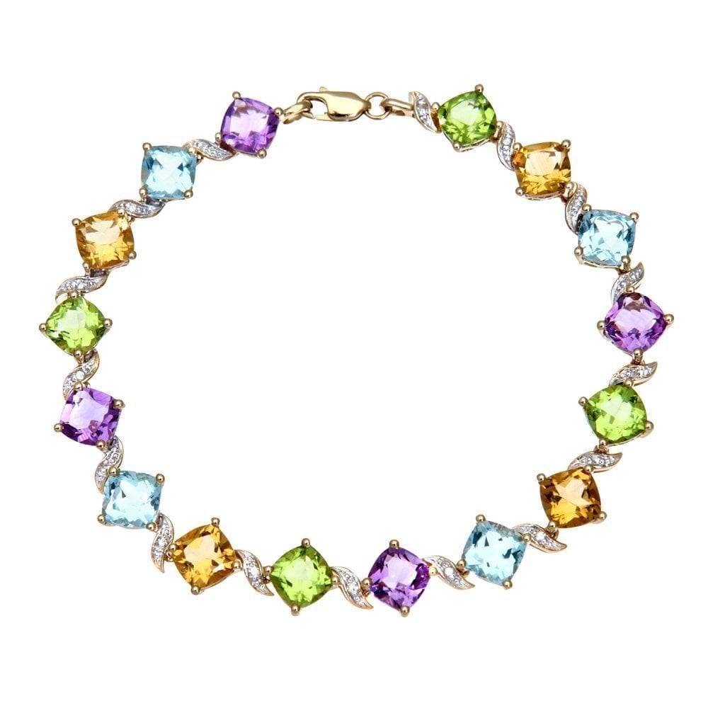 9ct Yellow Gold Cushion Amethyst and 0.10ct Diamond Tennis Bracelet