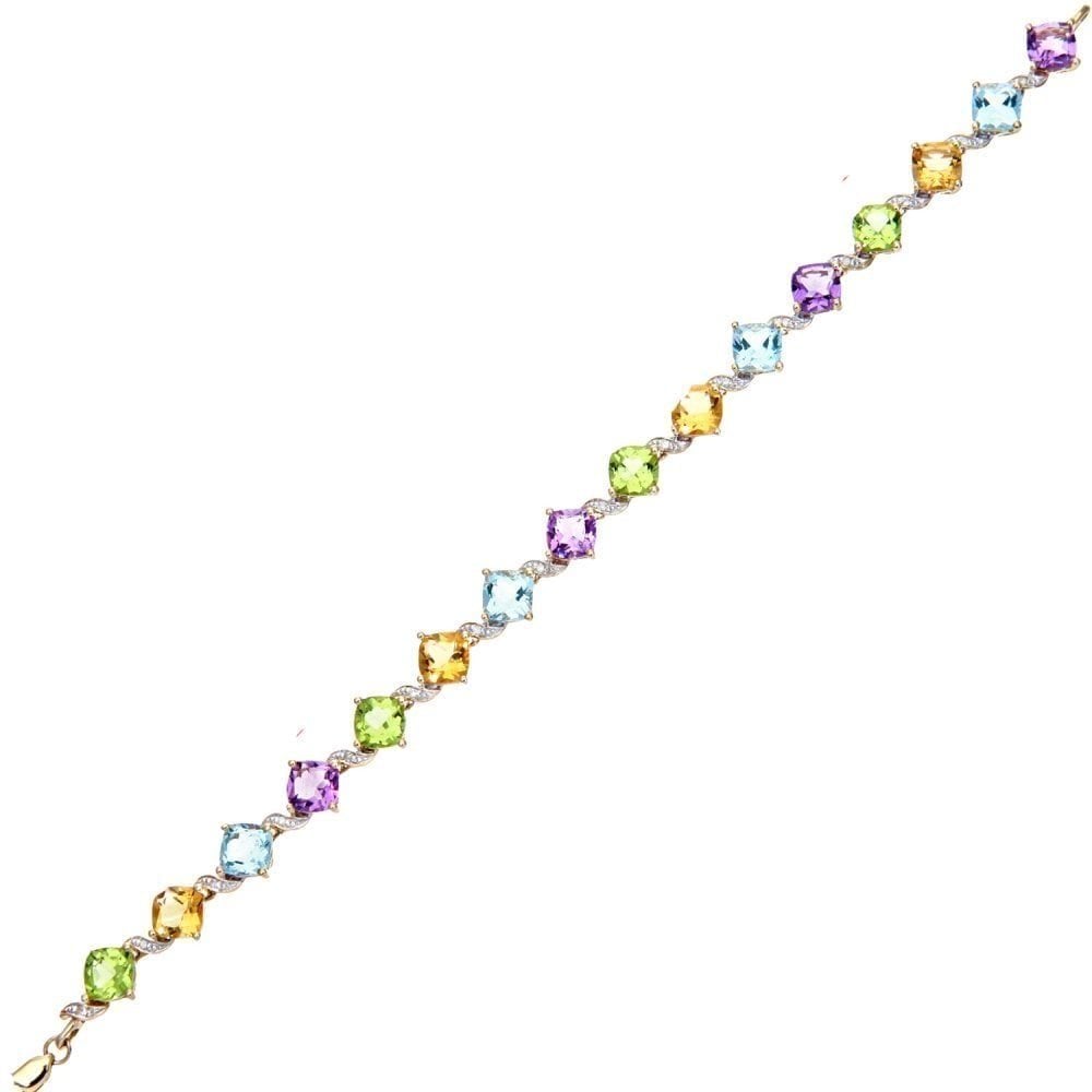 9ct Yellow Gold Cushion Amethyst and 0.10ct Diamond Tennis Bracelet