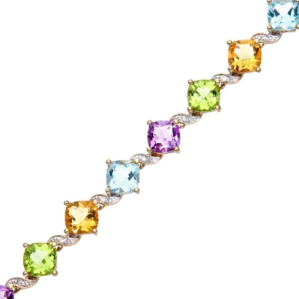 9ct Yellow Gold Cushion Amethyst and 0.10ct Diamond Tennis Bracelet
