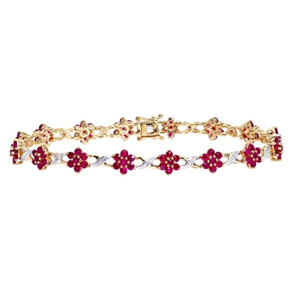 9ct Yellow Gold Ruby and 0.04ct Diamond Flower Bracelet