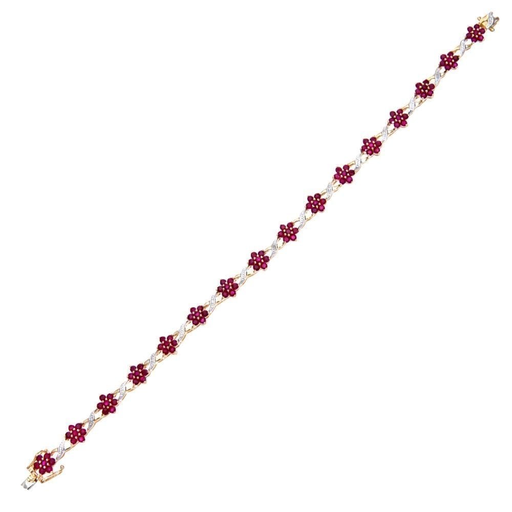 9ct Yellow Gold Ruby and 0.04ct Diamond Flower Bracelet