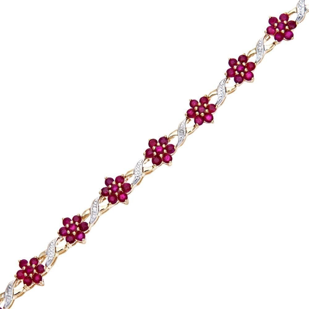 9ct Yellow Gold Ruby and 0.04ct Diamond Flower Bracelet