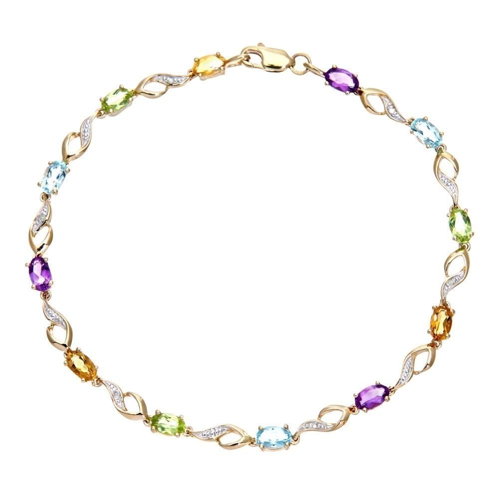 9ct Yellow Gold Oval Amethyst and 0.03ct Diamond Bracelet