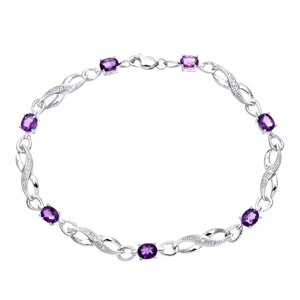 9ct White Gold Oval Amethyst and 0.10ct Diamond Bracelet
