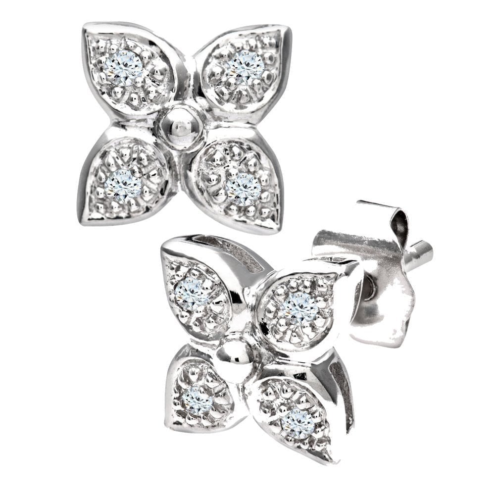 Diamond Flower Stud Earrings 9ct White Gold | Prime Jewellery