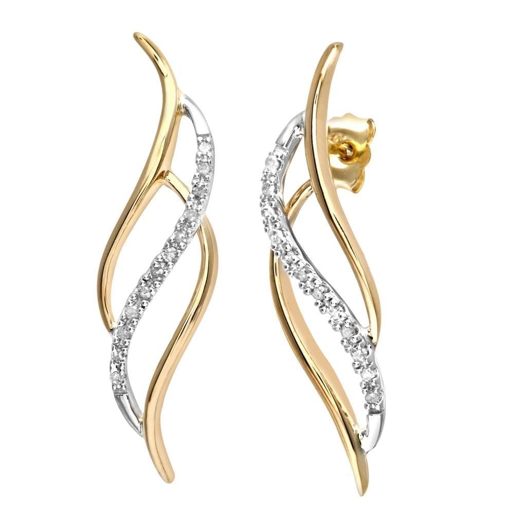 9ct Gold Natural Diamond Swirl Drop Earrings with Gold Push Back, I2-I3 H-I