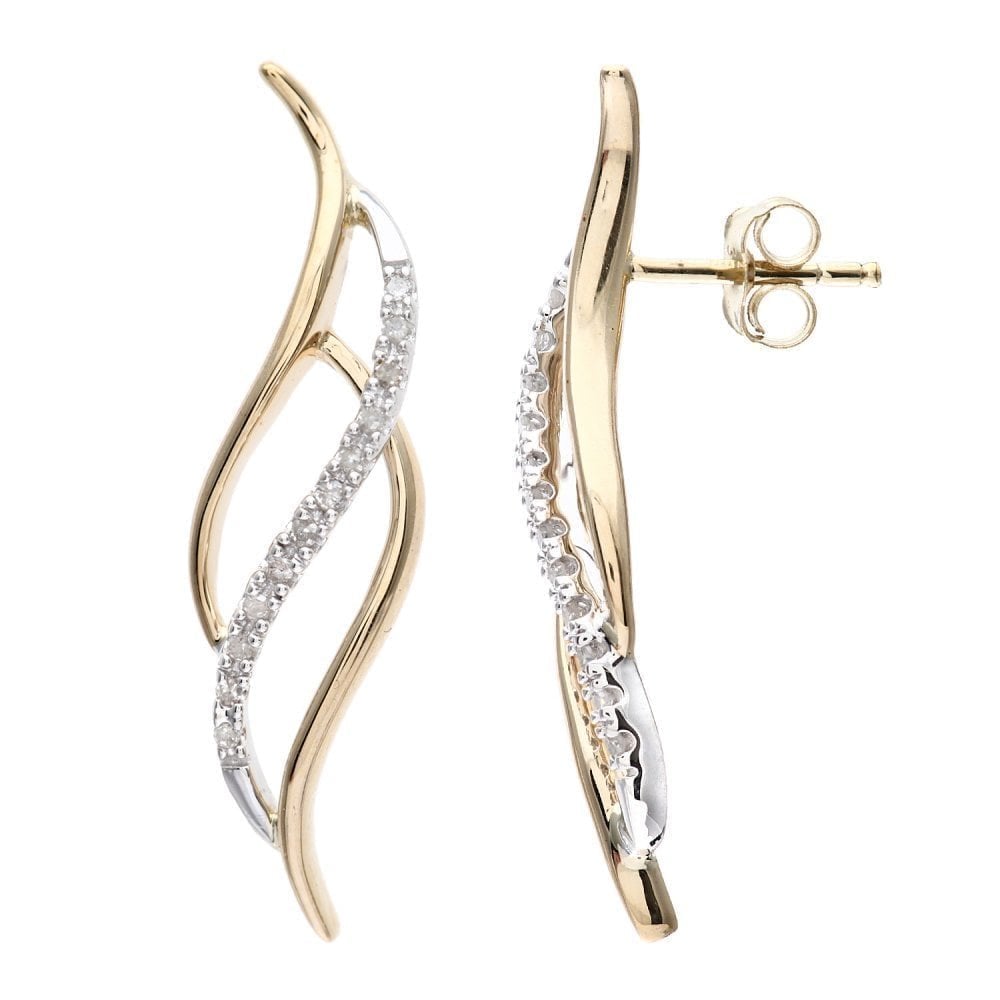 9ct Gold Natural Diamond Swirl Drop Earrings with Gold Push Back, I2-I3 H-I