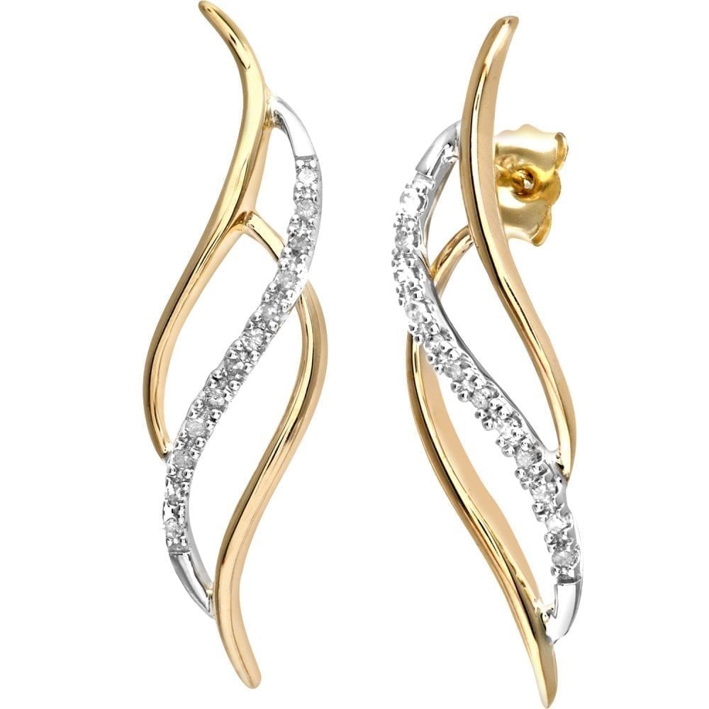 9ct Gold Natural Diamond Swirl Drop Earrings with Gold Push Back, I2-I3 H-I