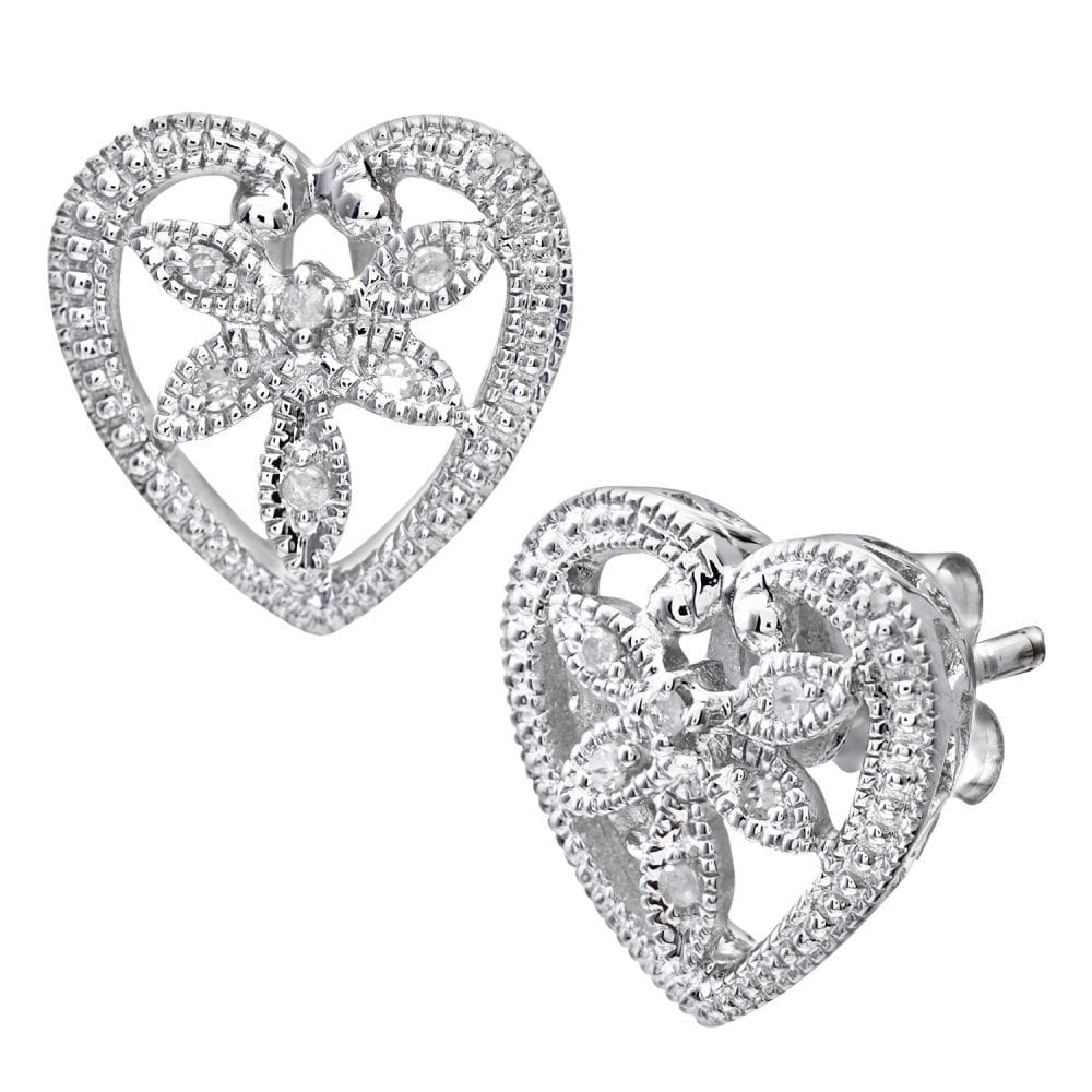 9ct White Gold Natural Diamond Heart Stud Earrings