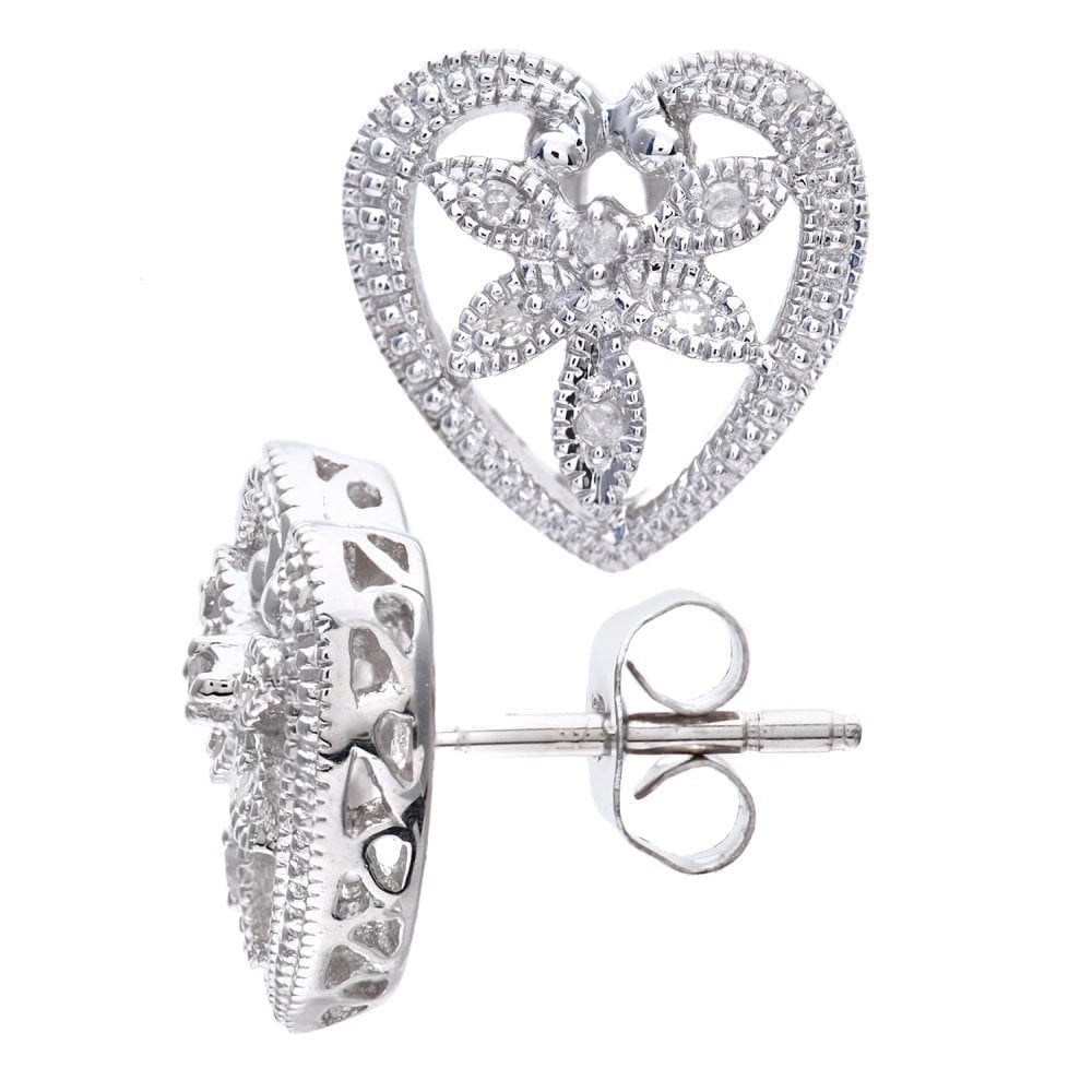 9ct White Gold Natural Diamond Heart Stud Earrings